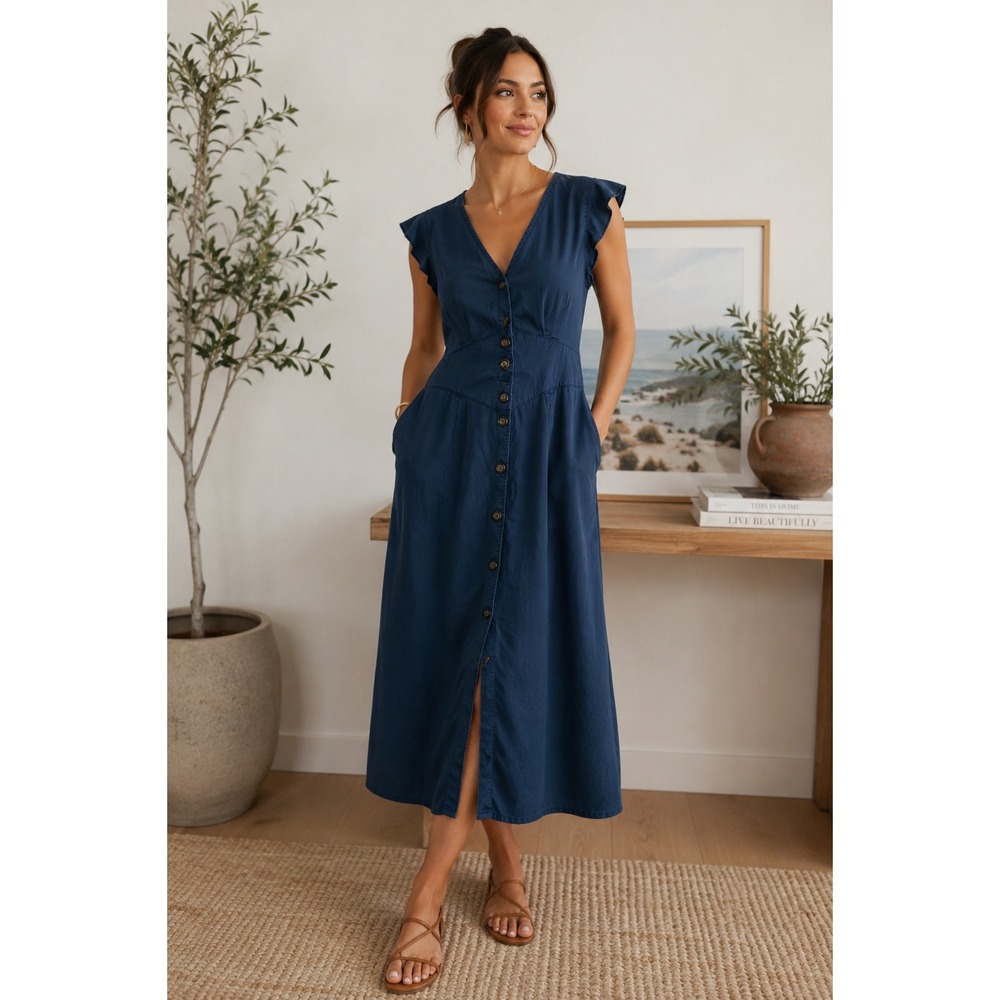 Quince TENCEL Lyocell Button Front Midi Dress Blue Flutter Sleeve Small